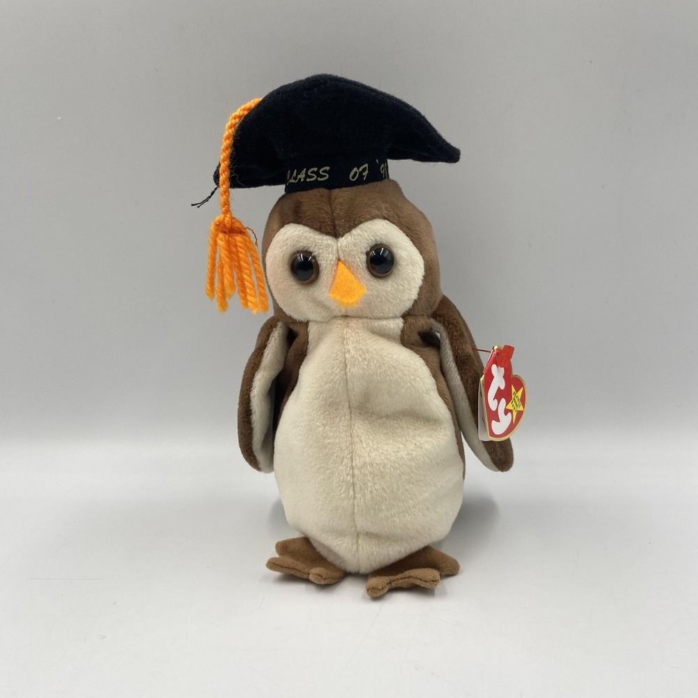 Vintage 1998 Ty Beanie Baby Wise Owl Plush with Graduation Cap PE Pellets Tags‎